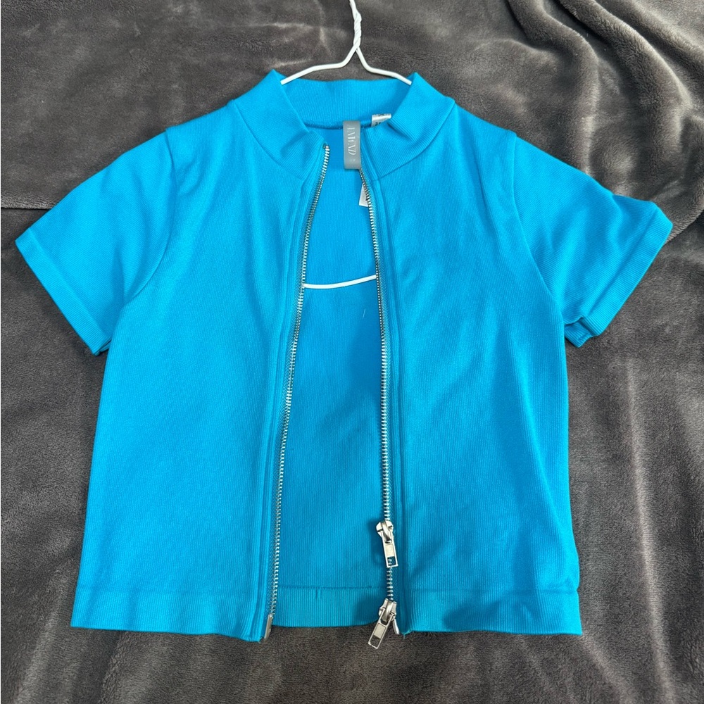 Simons ANWND Blue Zip-Up Crop Top Double Zip - Picture 2 of 3